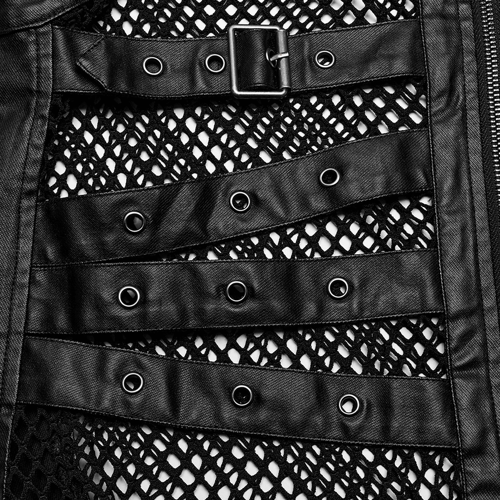 Close-up detail of metal buckle strap on black gothic leather vest showing adjustable hardware and circular eyelets