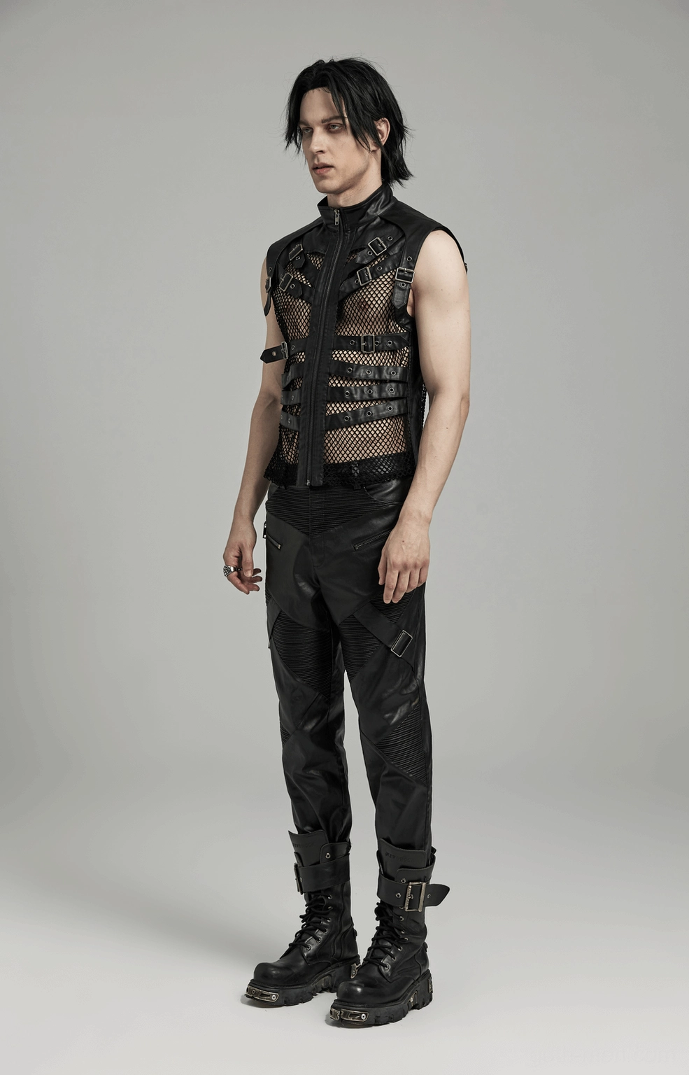 Black gothic leather vest care instructions and fabric composition showing 88% cotton 12% PU faux leather