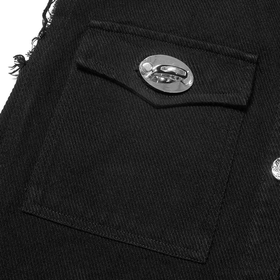 Close-up of chest flap pocket featuring twist lock metal clasp with frayed pocket trim on gothic vest