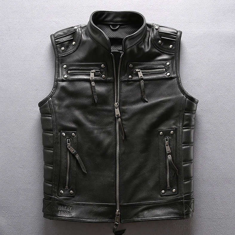 Black leather gothic biker vest flat lay display with stand collar and side details