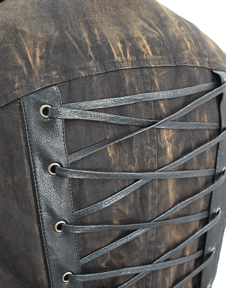 Back quarter view highlighting adjustable corset lace-up and distressed leather details