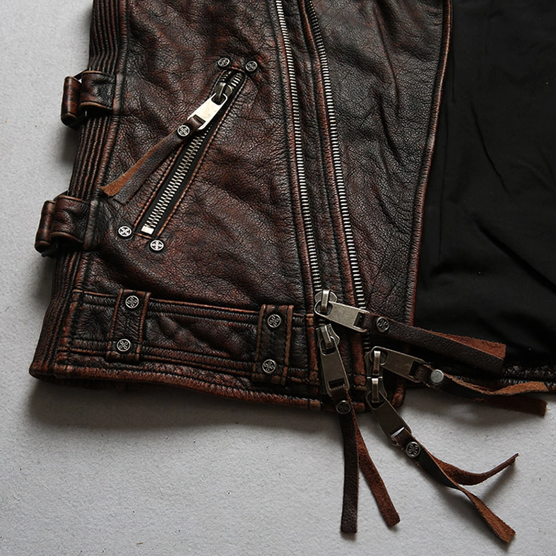 Dual metal zipper closure detail on genuine leather gothic biker vest with side adjust buckles