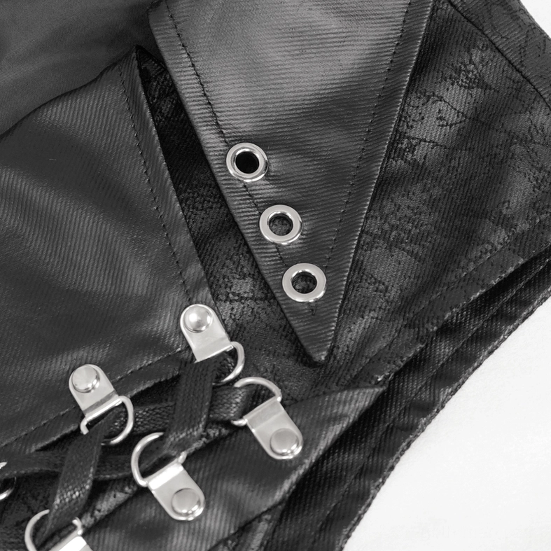 Close-up macro detail of metal eyelets and lace hardware on gothic vest lapel collar