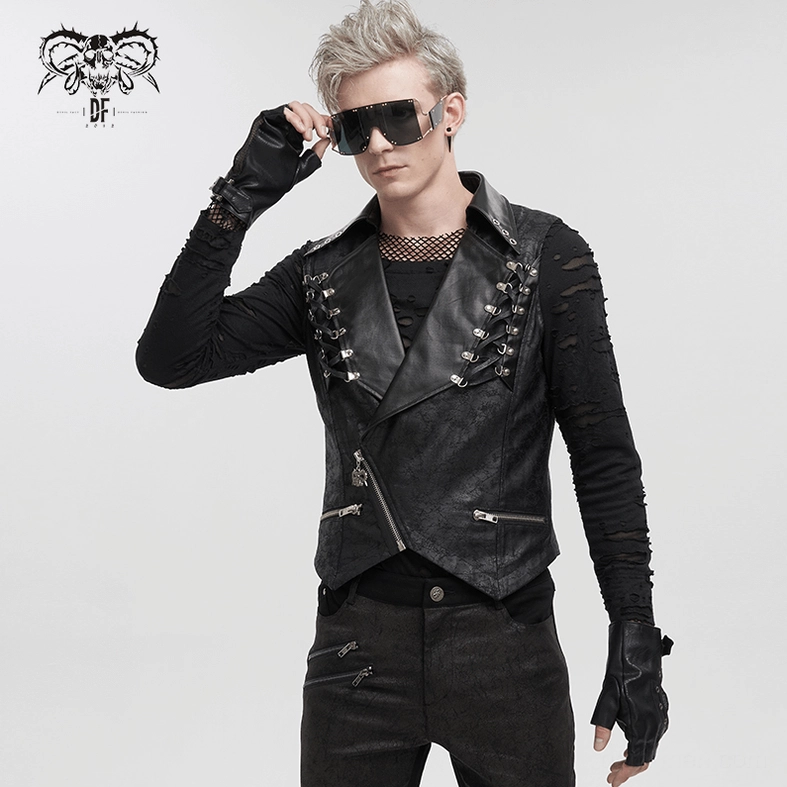 Premium quality black gothic men's vest showing fabric texture and hardware craftsmanship