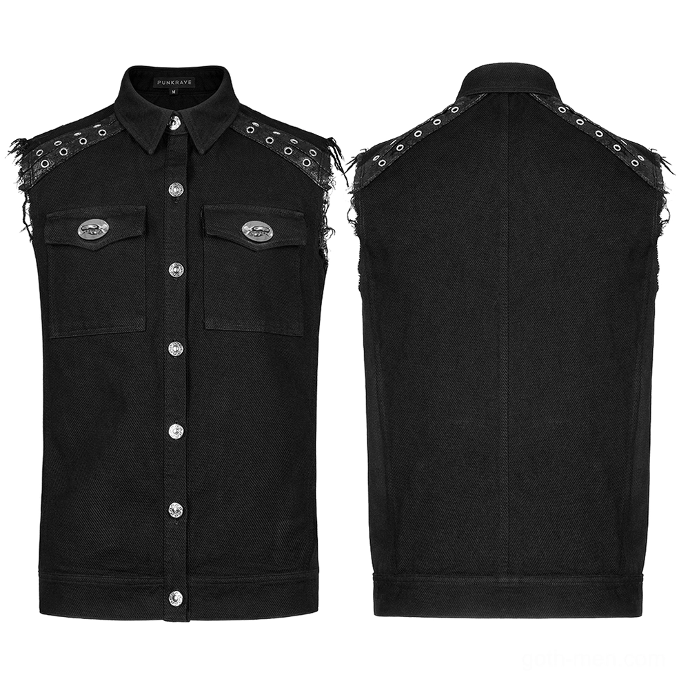 Flat lay front and rear comparison of black studded gothic vest with metal buttons and twist-lock clasps