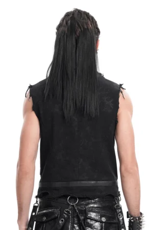 Black gothic distressed vest rear view showing frayed edges and leather waist accent