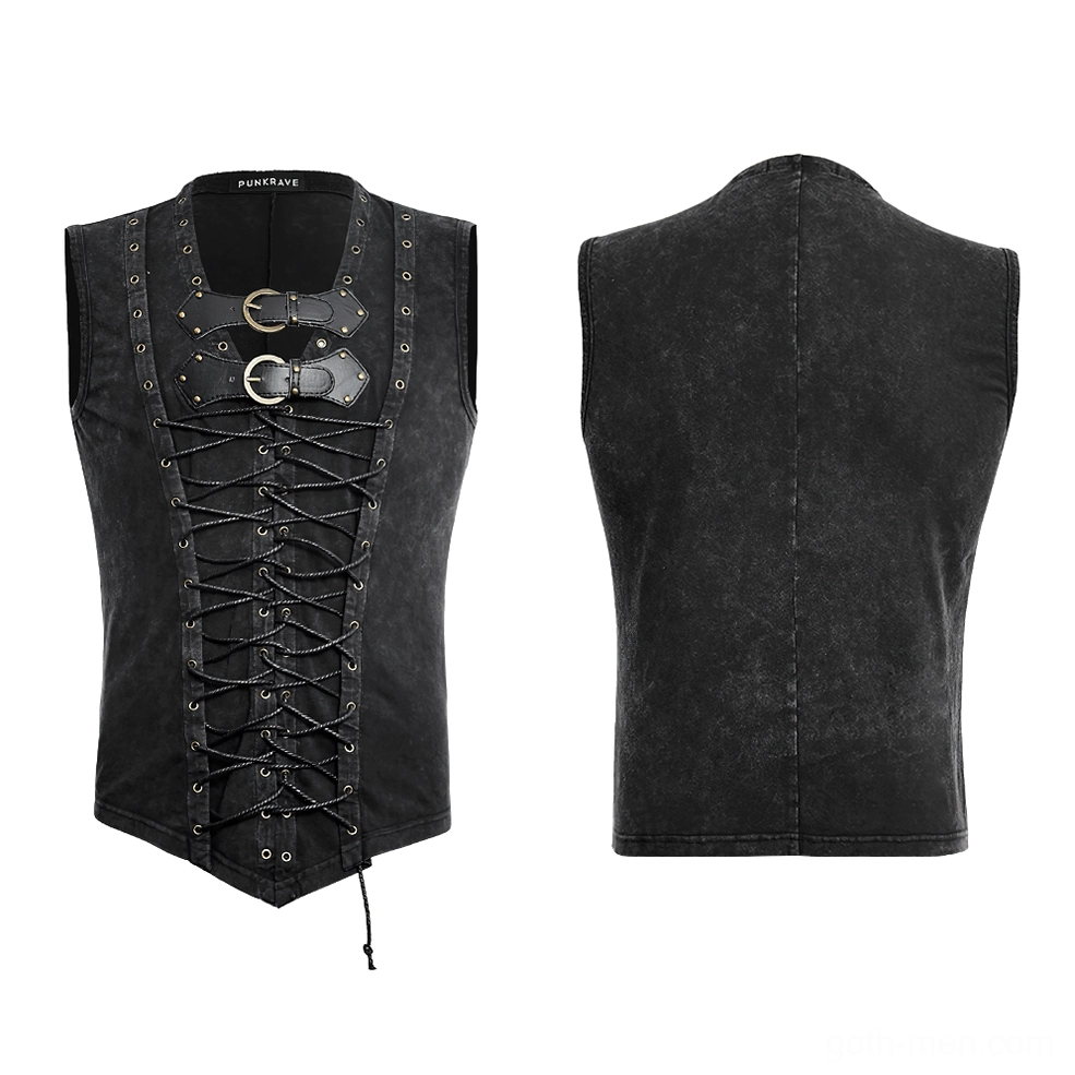 Black washed gothic corset vest flat lay front and back display, showing distressed fabric, metal eyelets, and buckle strap hardware details