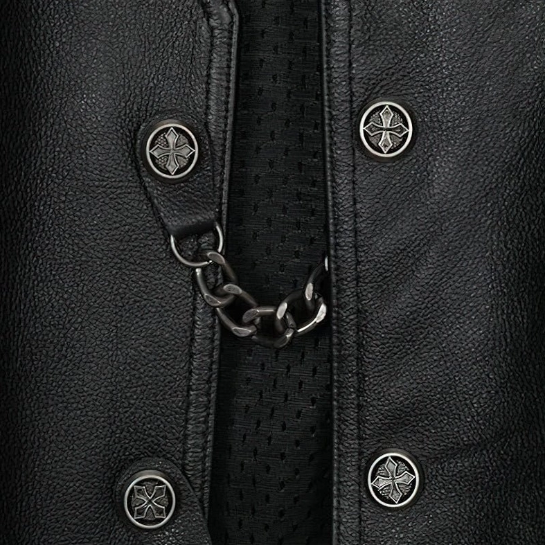 Front closure and chain detail of men's black leather gothic vest, showing cross-shaped metal snaps and decorative chain straps