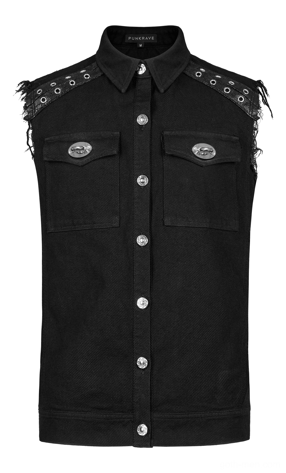 Front flat lay detail of black twill gothic vest showing point collar, silver metal buttons, and chest flap pocket