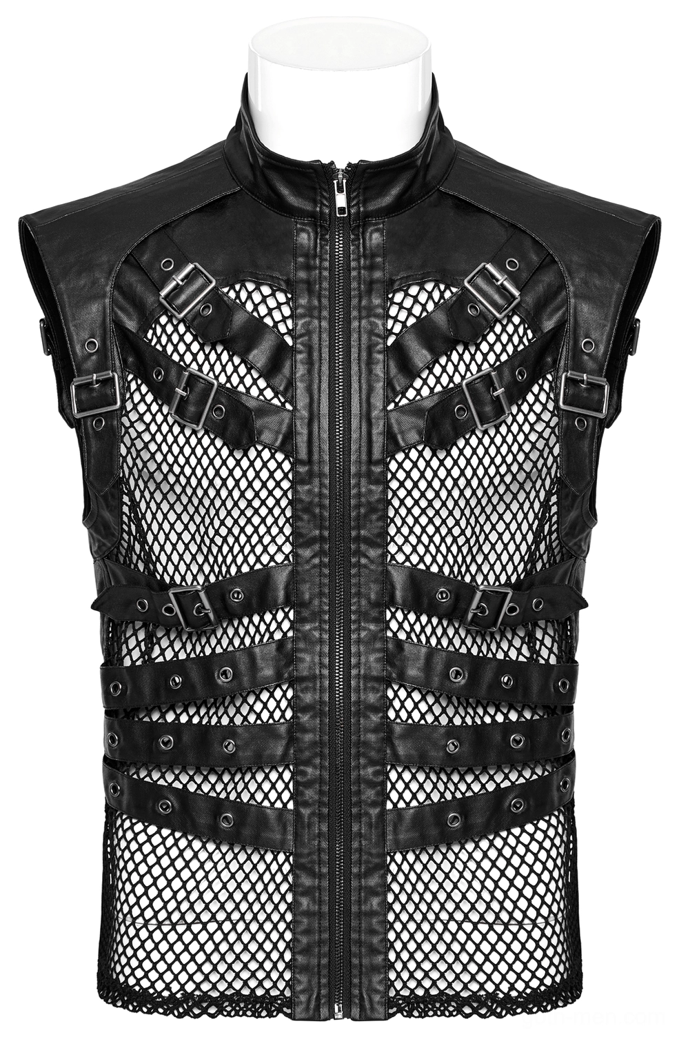 Black gothic leather vest front flat view on mannequin with stand collar and torso buckle strap details