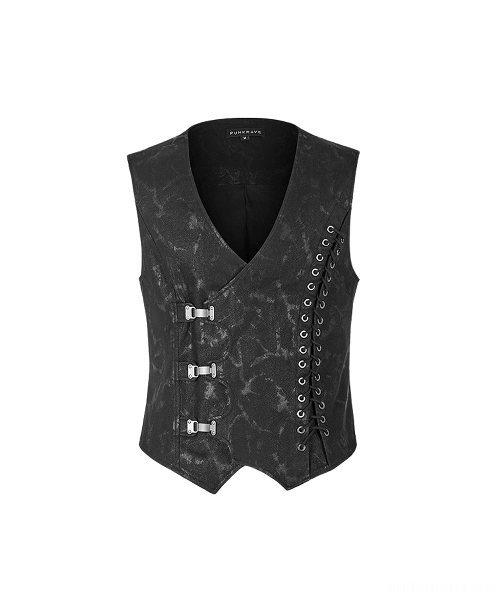 Gothic mens vest front panel flat lay - V-neck design with metal buckles and side lace eyelets