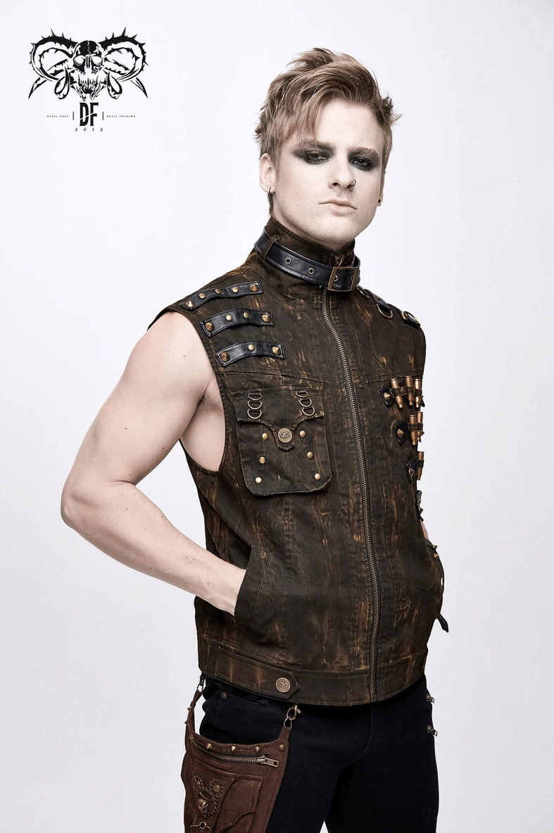 Front panel detail of gothic biker vest showing zipper track and stud embellishment