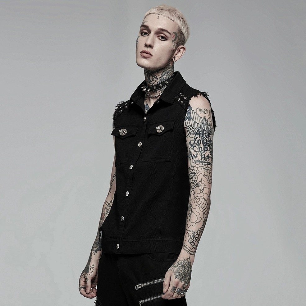 Alternative angle of black gothic sleeveless twill vest highlighting ghost head buckle and metal hardware accents