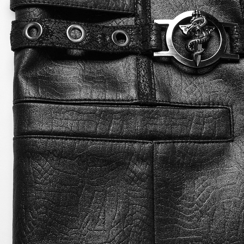 Close-up detail of round metal grommets and dragon-shaped buckle hardware on vest side