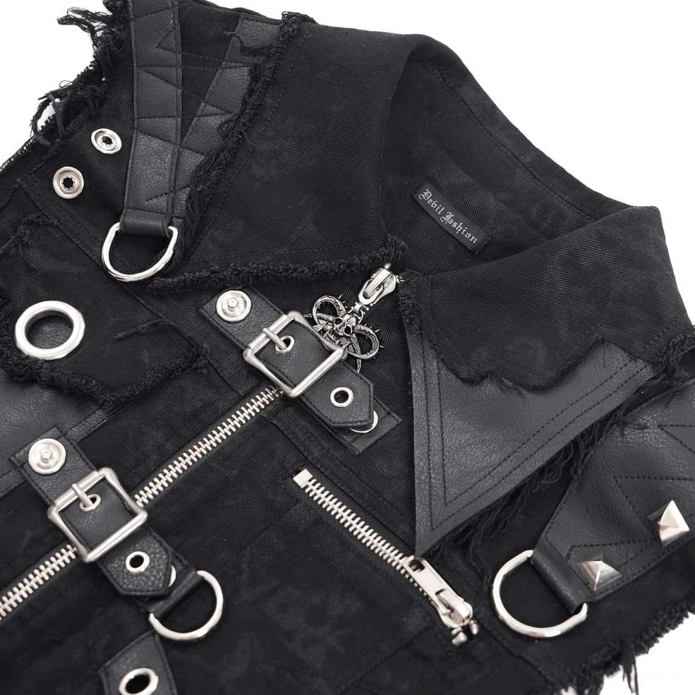 Gothic zipper vest hardware close-up metal rings zippers distressed fabric detail