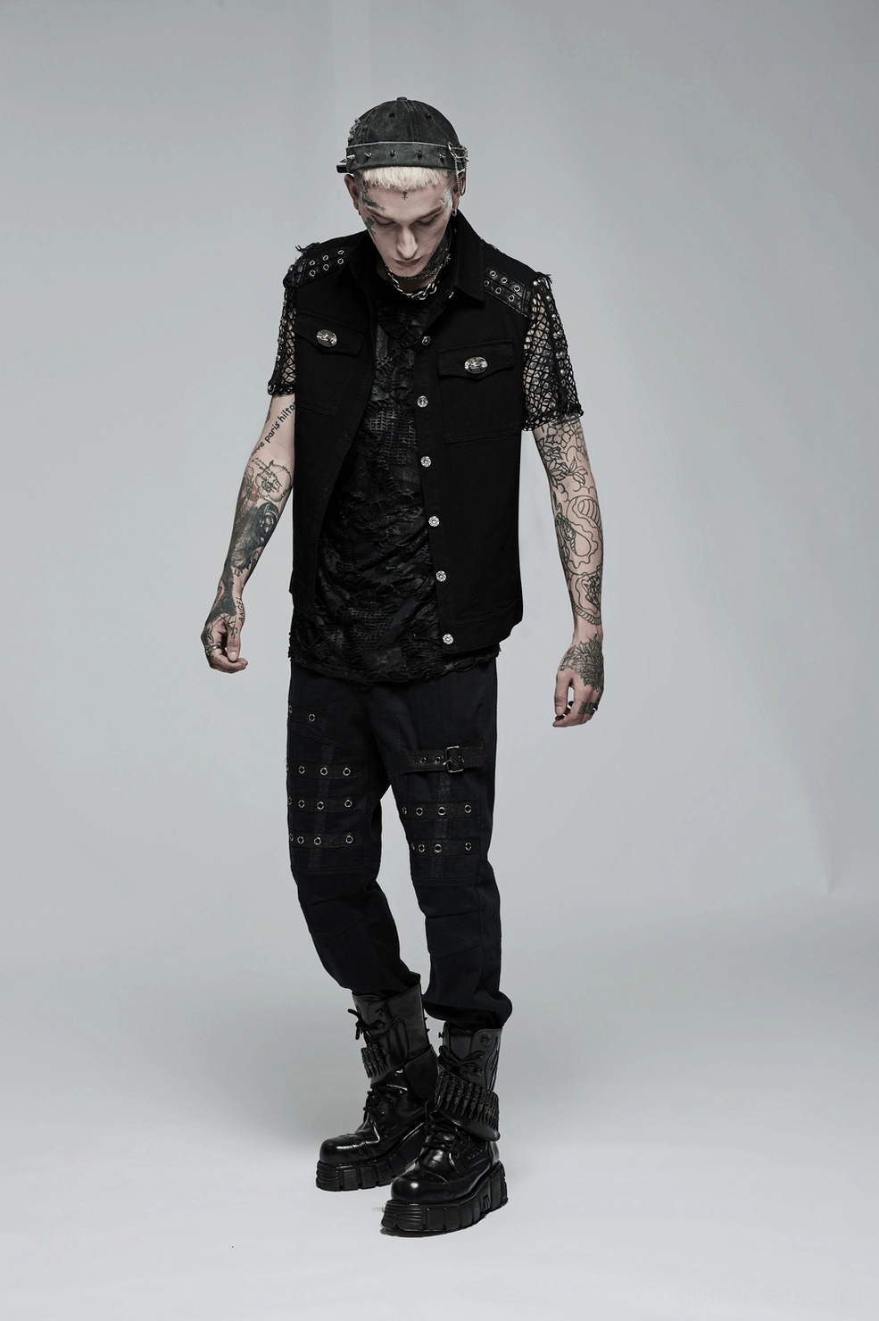 Product showcase of black gothic sleeveless vest with emphasis on metal hardware placement and design elements