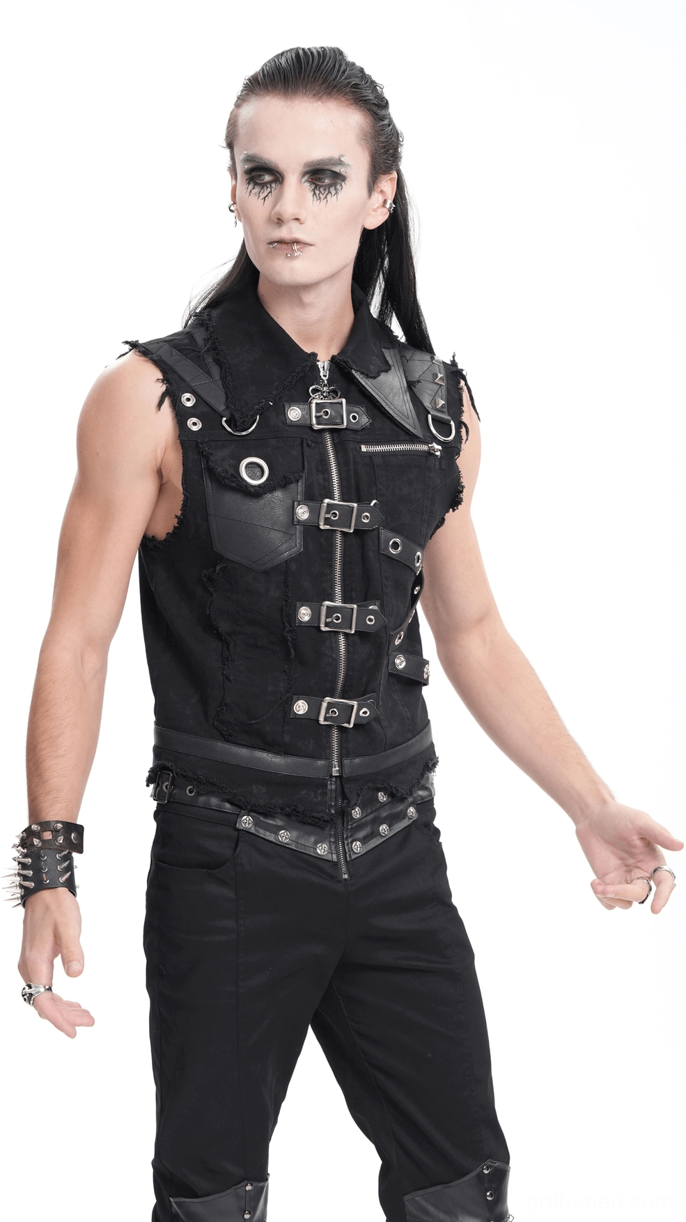 Men's gothic buckle vest side detail showing industrial hardware and strap design