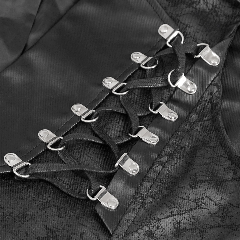 Macro close-up of metal buckles and leather lacing punk rivet details on gothic vest