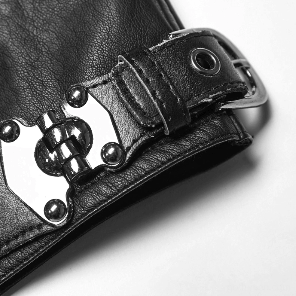 Close-up detail of faux leather shoulder strap with metal buckle and rivet-secured closure on gothic vest