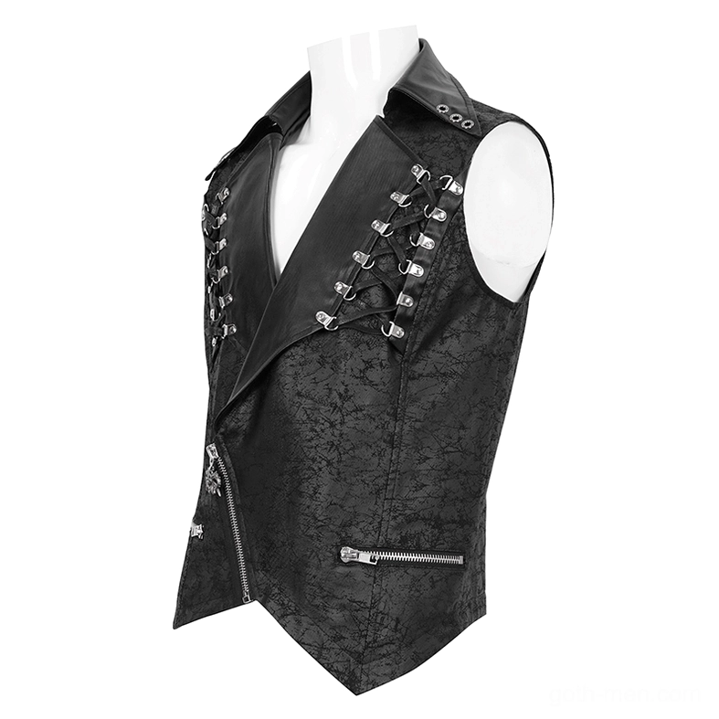 Men's punk gothic vest left front three-quarter view showing cracked print fabric and metal eyelet details