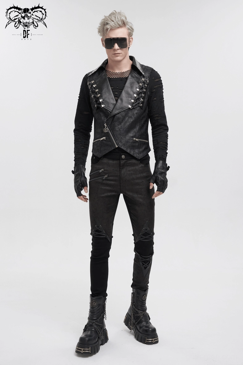 Gothic black men's sleeveless vest with lapel collar and metal eyelets from multiple angles