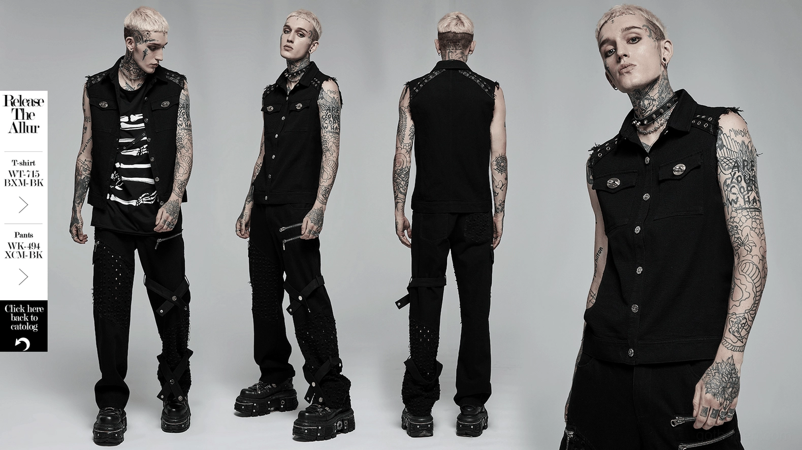 Premium flat lay photograph of black gothic sleeveless studded vest with all metal accents visible