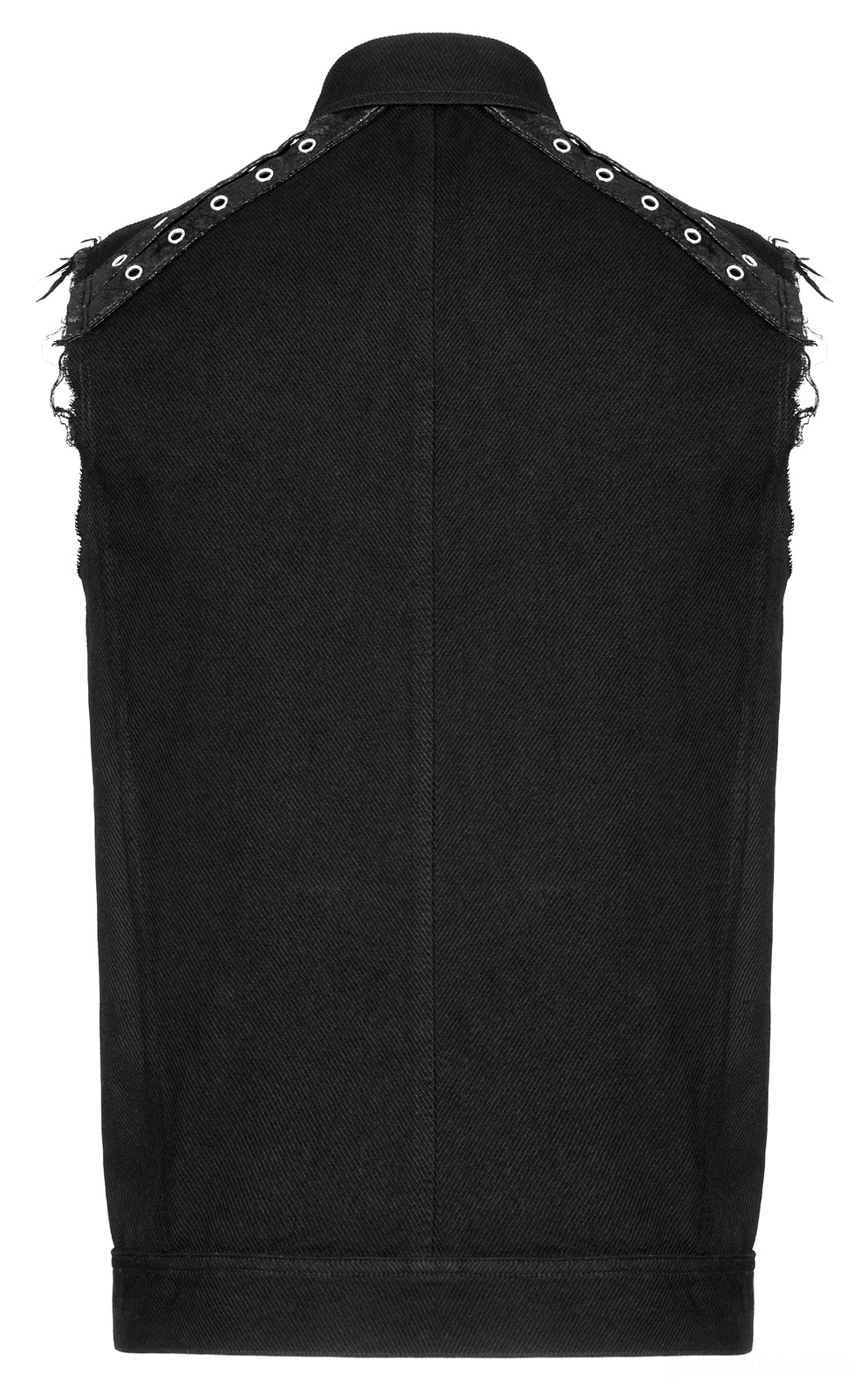 Rear flat lay of black gothic sleeveless vest with frayed shoulder grommet trim and structured back panel