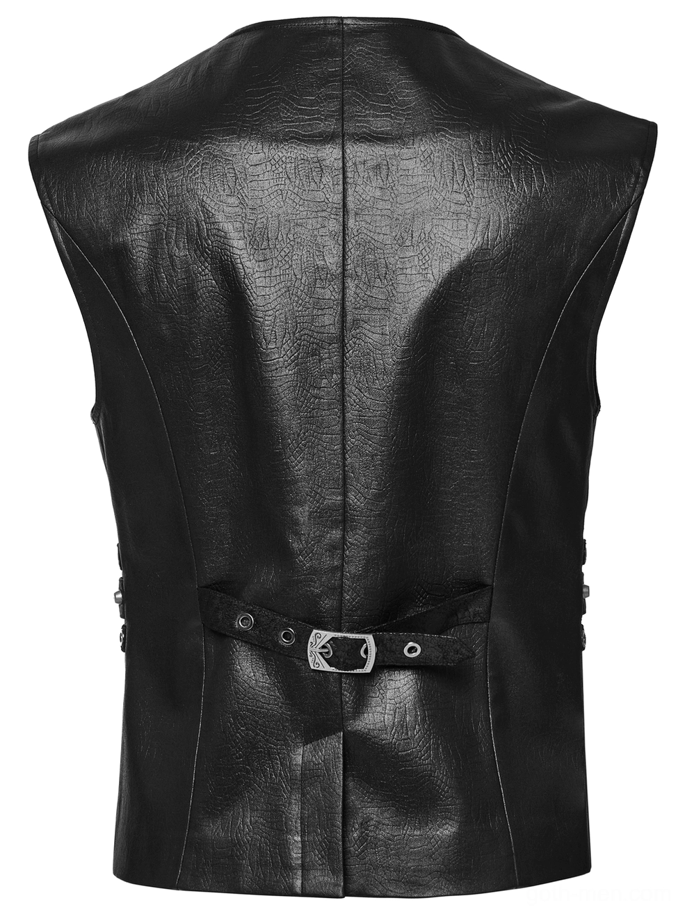 Rear flat lay of black gothic leather vest showing seam stitching and waist adjustment belt hardware