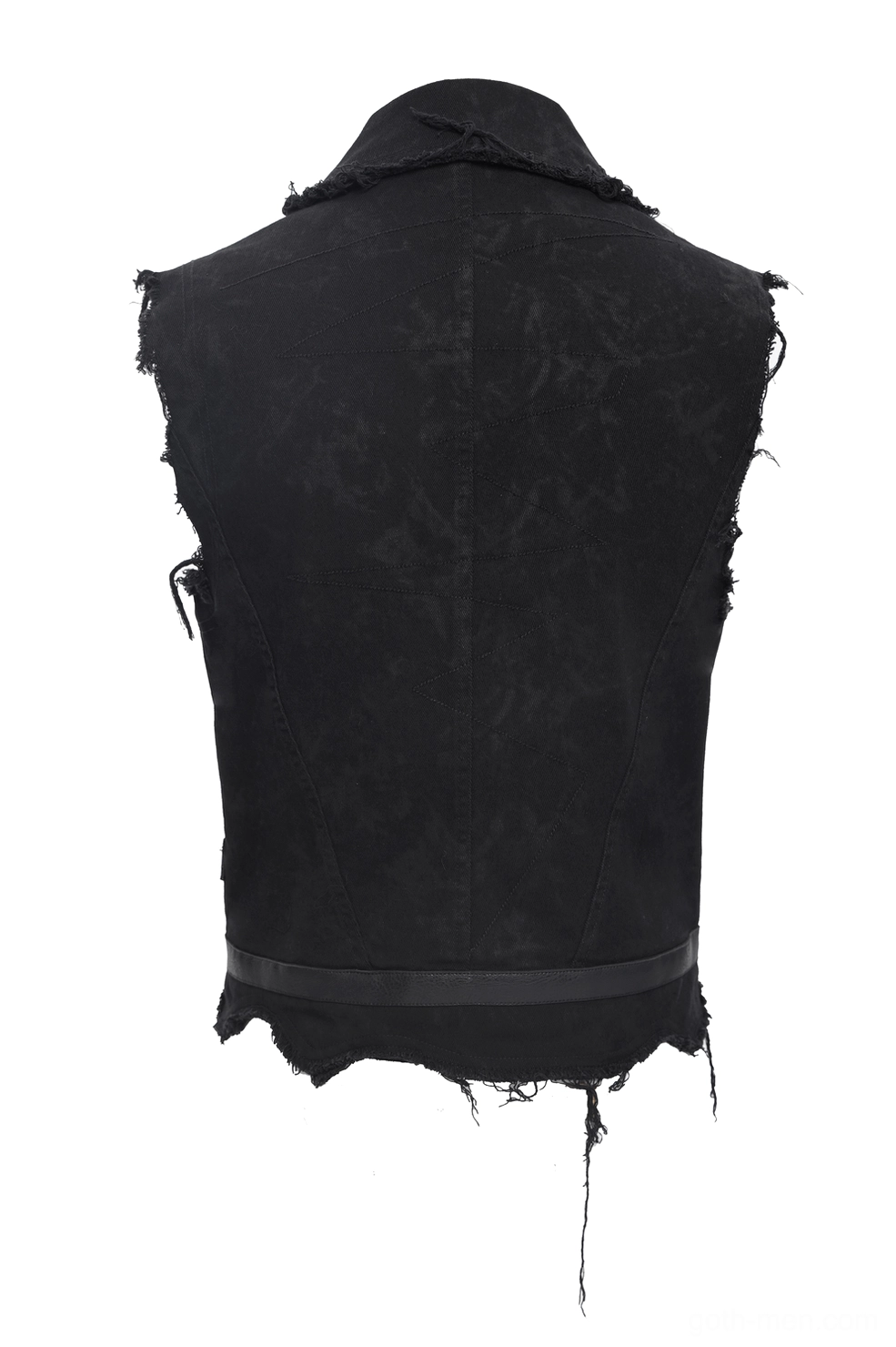 Gothic sleeveless vest rear view solid black fabric leather waistband frayed bottom