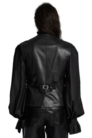Back view of gothic leather waistcoat showing rear adjustment detail strap and matte texture finish