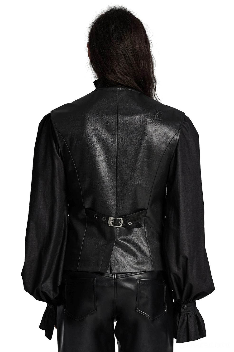 Back view of gothic leather waistcoat showing rear adjustment detail strap and matte texture finish