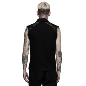 Back view of black gothic sleeveless vest showing shoulder metal grommet details and structured construction