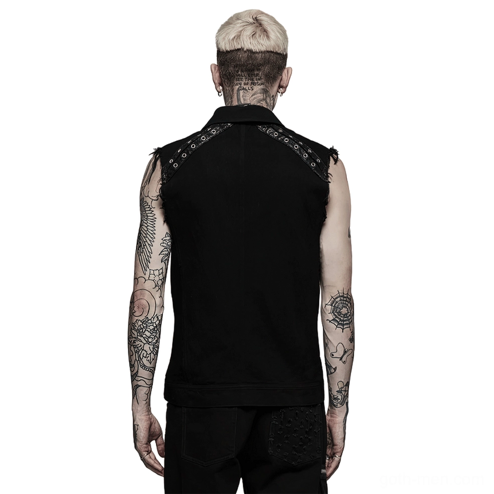 Back view of black gothic sleeveless vest showing shoulder metal grommet details and structured construction
