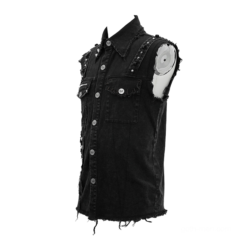Right side of black gothic punk vest showing buttoned chest pockets and metal hardware
