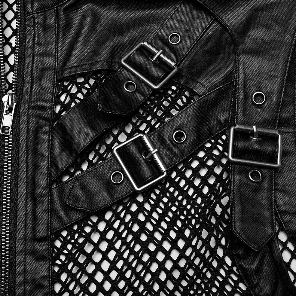 Close-up detail of shoulder buckle strap on black gothic leather vest with adjustable hardware and mesh backing