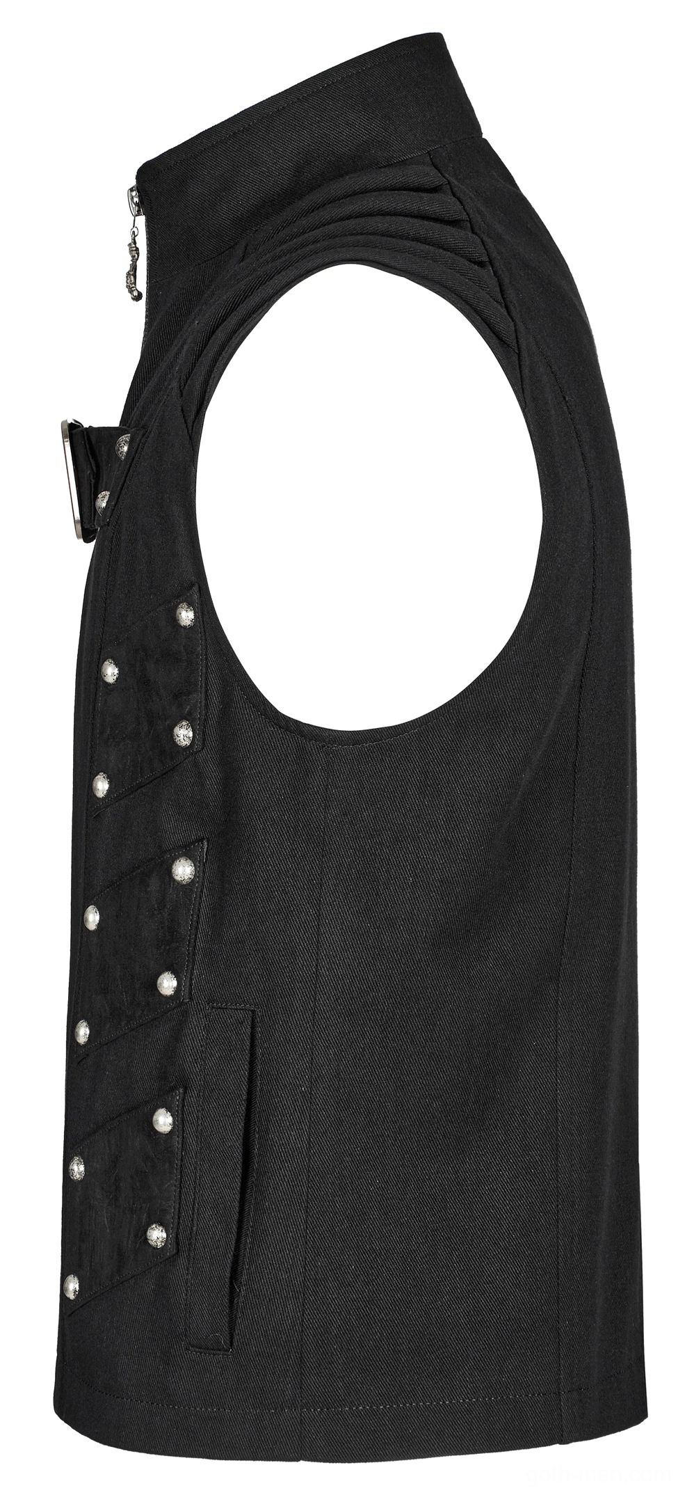 Close-up detail of black gothic vest shoulder architecture, showing pleated ribbed shoulder fabric and structured construction