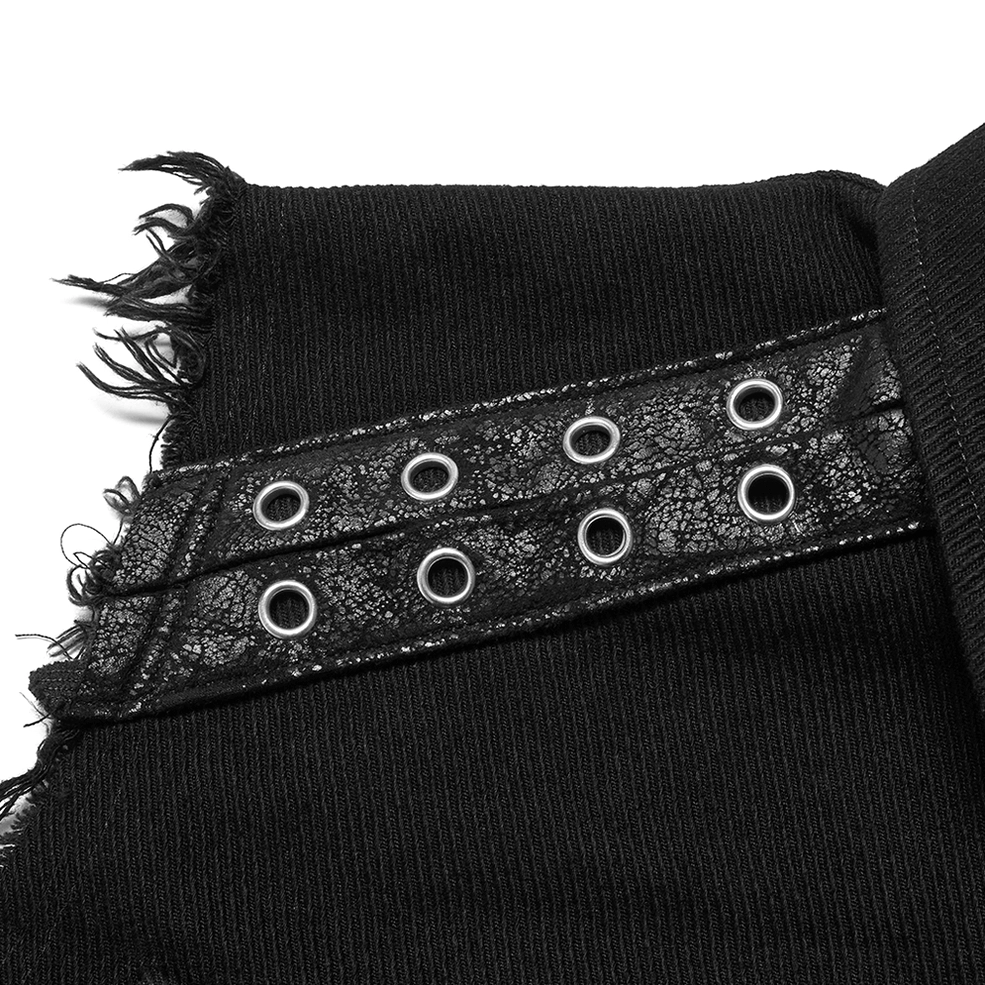 Close-up detail of metal eyelet strips with frayed fabric edge on shoulder strap trim of gothic vest