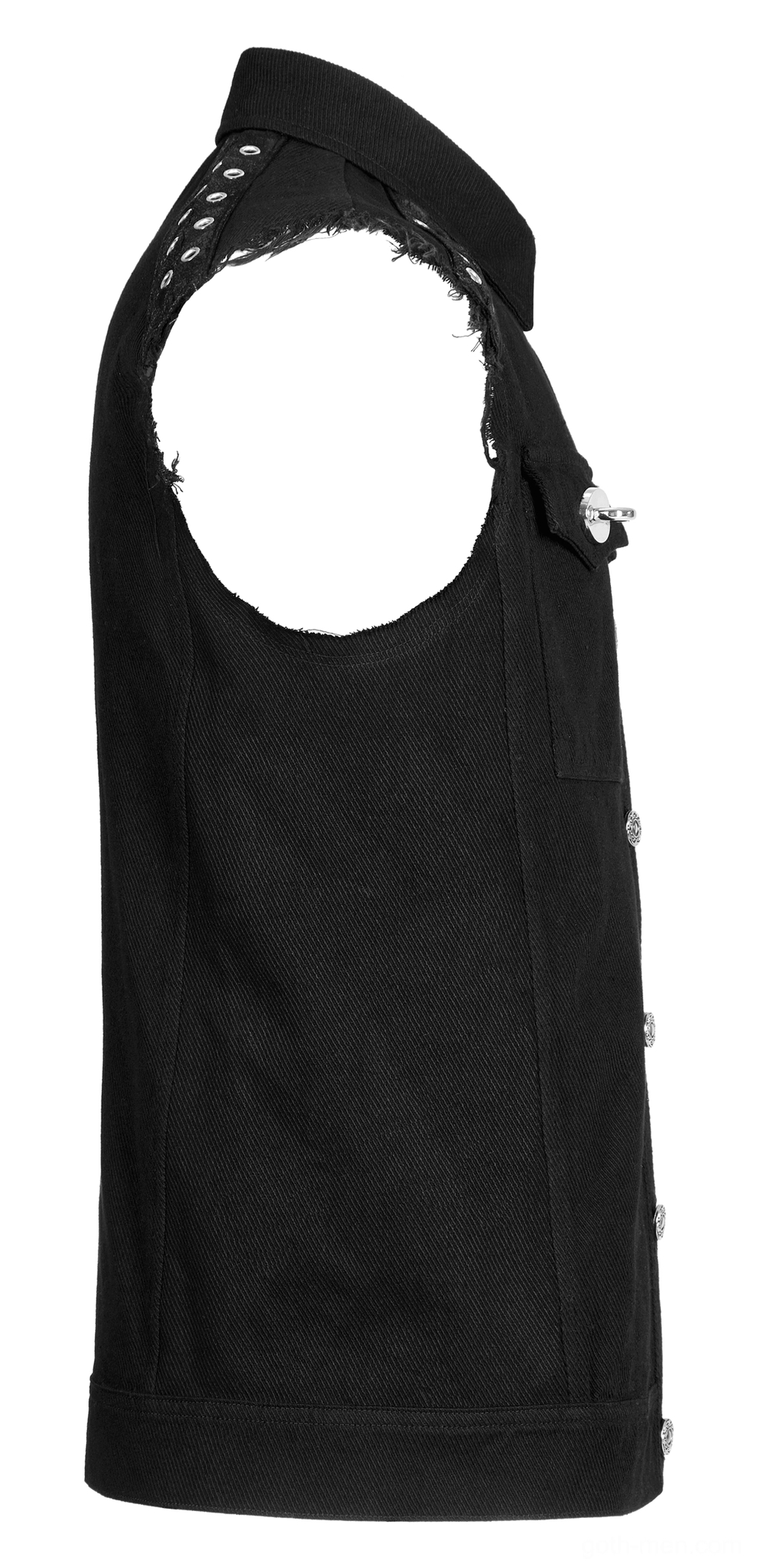 Side profile flat lay of black gothic studded vest revealing raw armhole edge and hidden side button closure