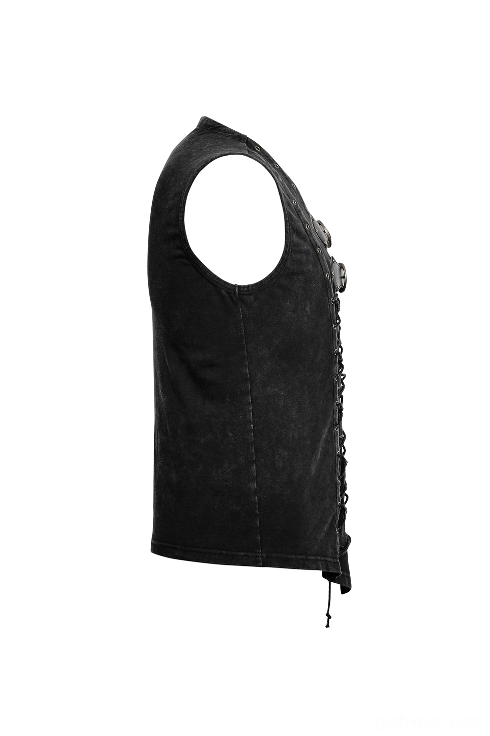 Side profile view of black gothic sleeveless corset vest on model, highlighting lower back lace-up detail and distressed fabric finish