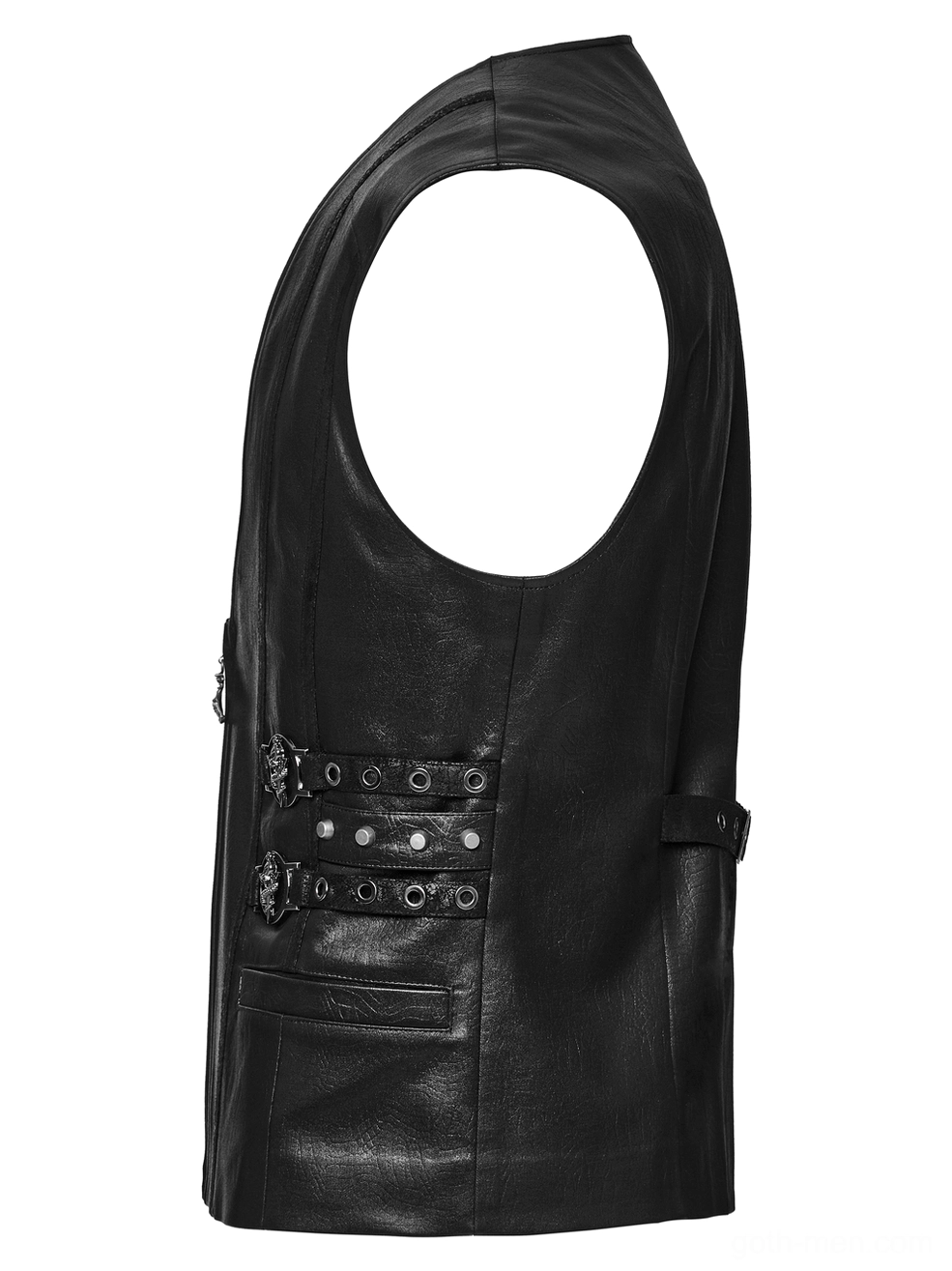 Side view flat lay of sleeveless gothic vest highlighting studded leather straps and lower pocket design
