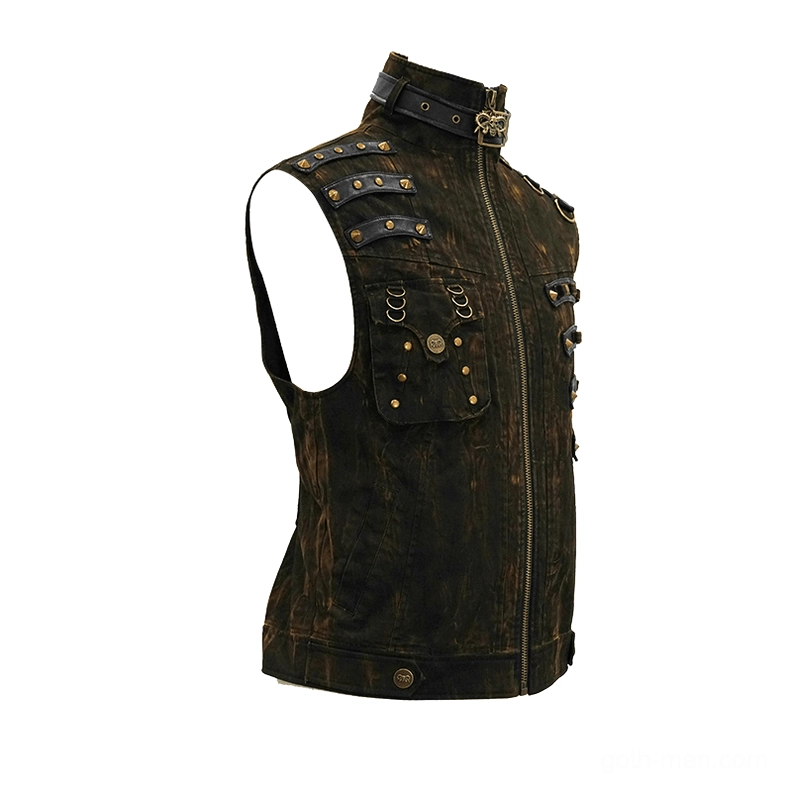 Left side view of steampunk biker vest with front metal zipper and shoulder strap details
