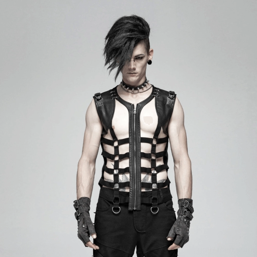 Skeleton gothic vest detail showing lattice front design and metal accents with fashion styling