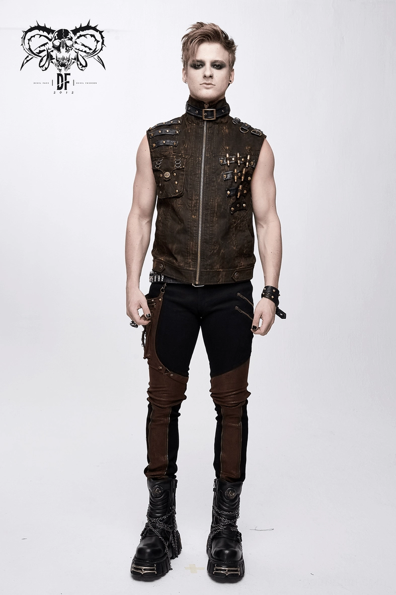 Sleeveless gothic biker vest worn with alternative fashion accessories and harness styling