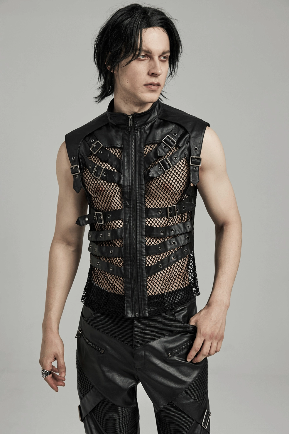 Black gothic mesh back leather vest model wearing detail showing how-to-wear and styling recommendations