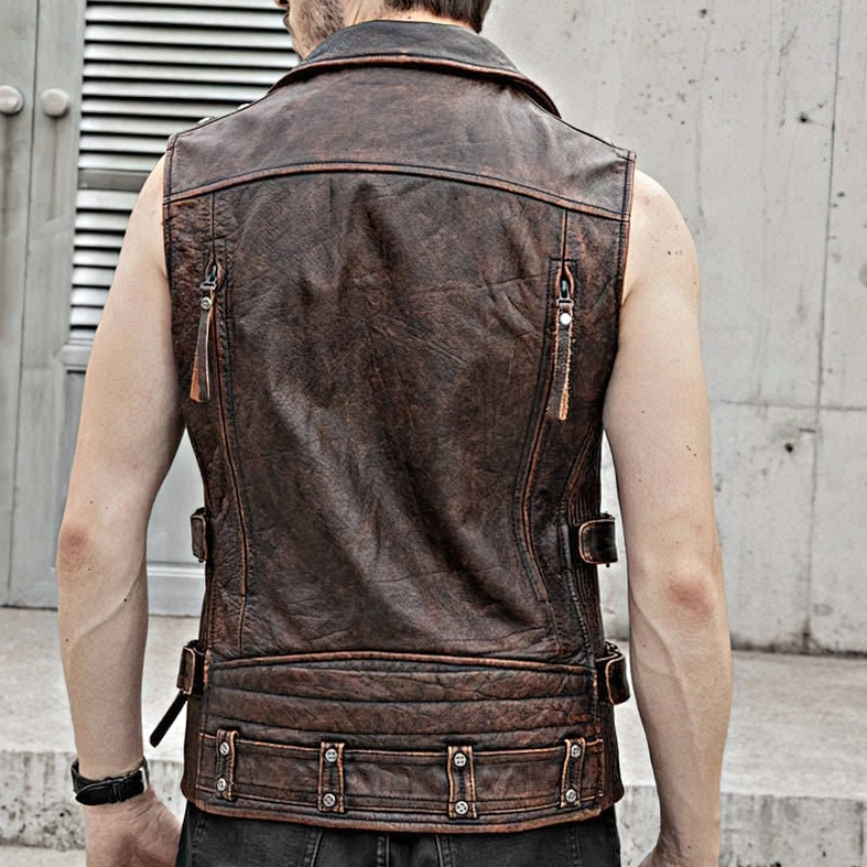 Male model rear view wearing distressed brown leather biker vest with adjustable side straps outdoor