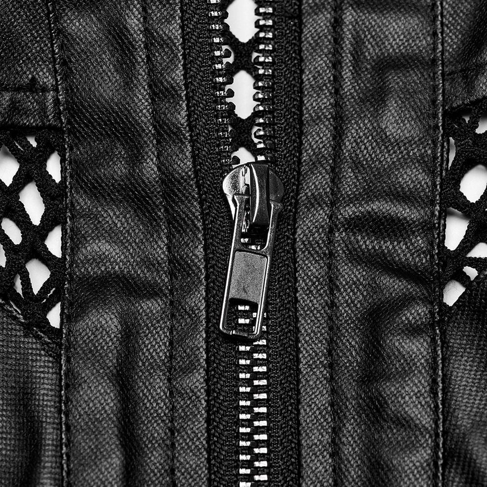 Close-up detail of front zipper closure on black gothic leather vest showing metal track and stand collar edge