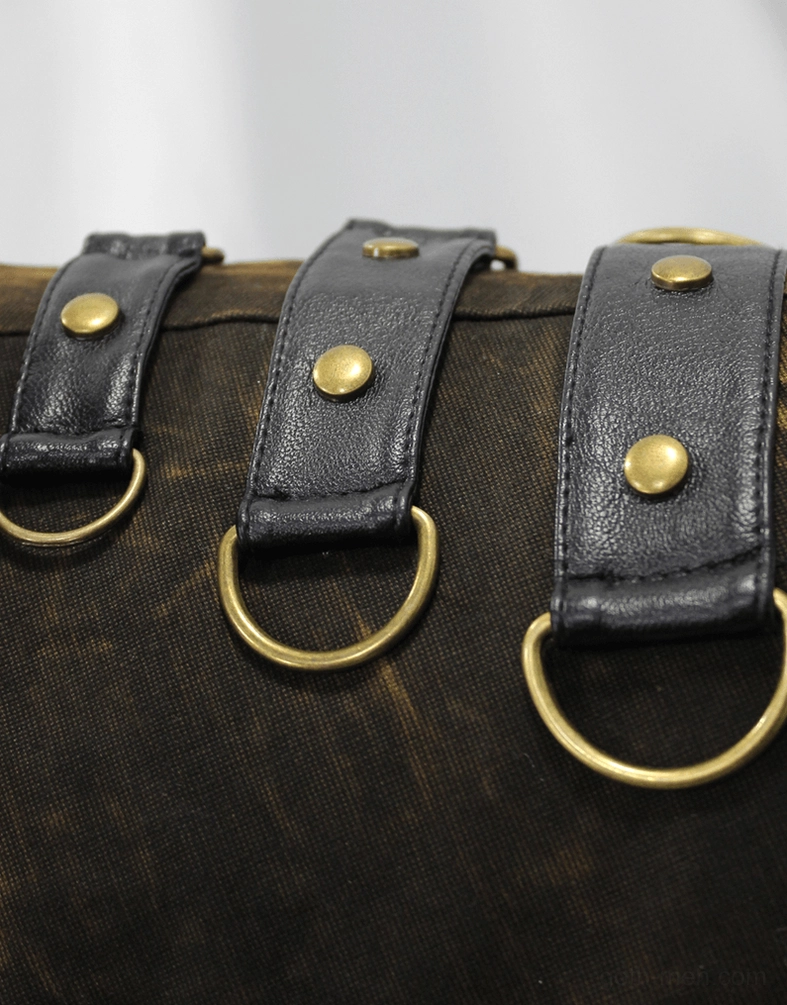 Front zipper detail and high collar buckle accent on distressed brown gothic biker vest