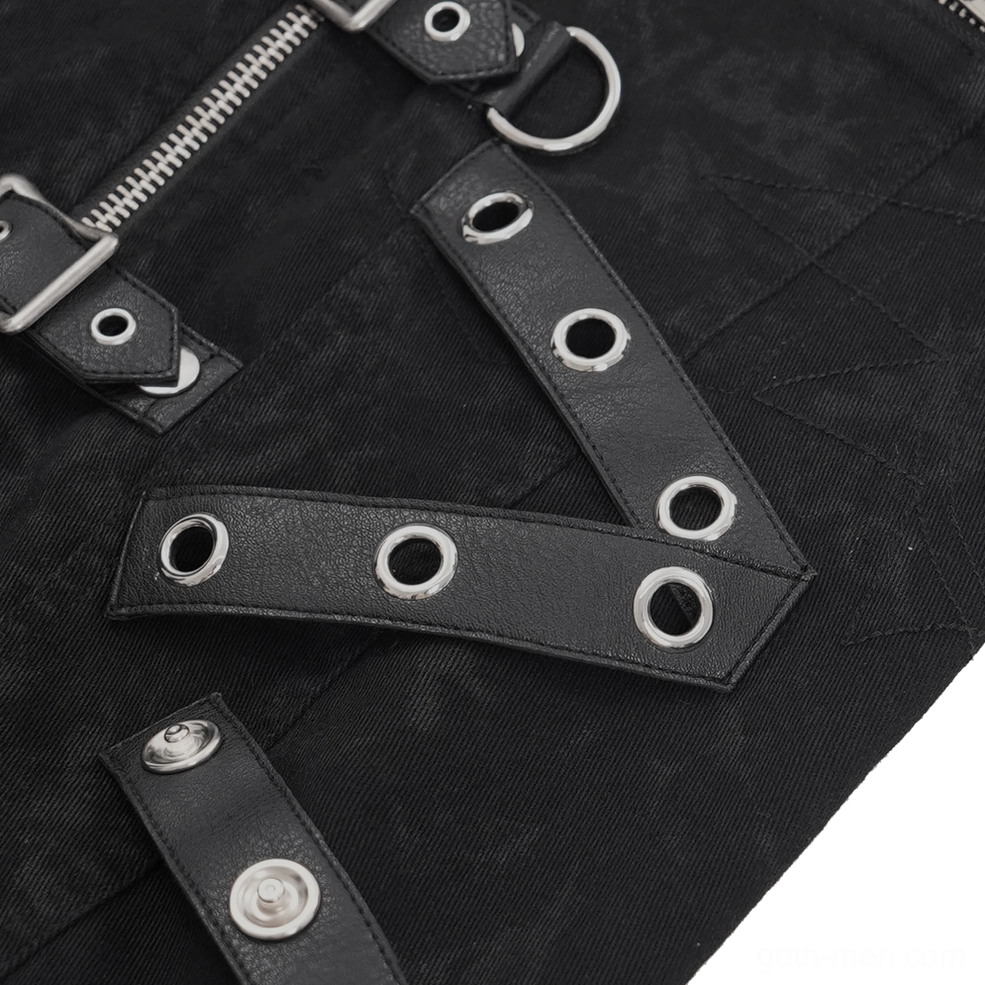 Gothic buckle vest styled detail showing zipper mechanism and metal hardware placement