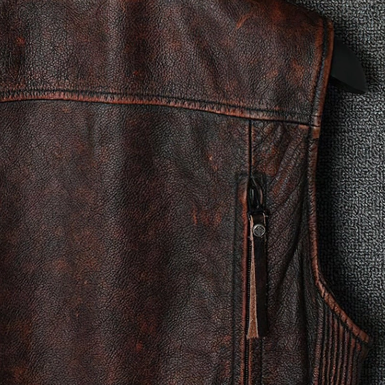 Men's leather motorcycle vest asymmetric zipper placement and pocket configuration detailed view