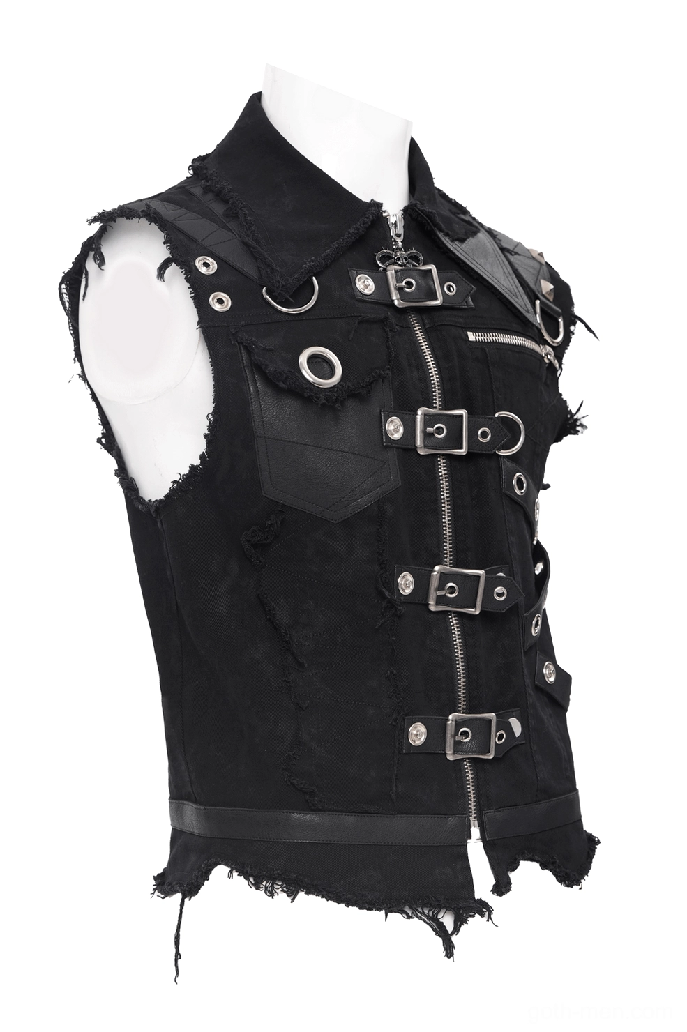 Black gothic vest zipper closure right side view leather accents frayed hem